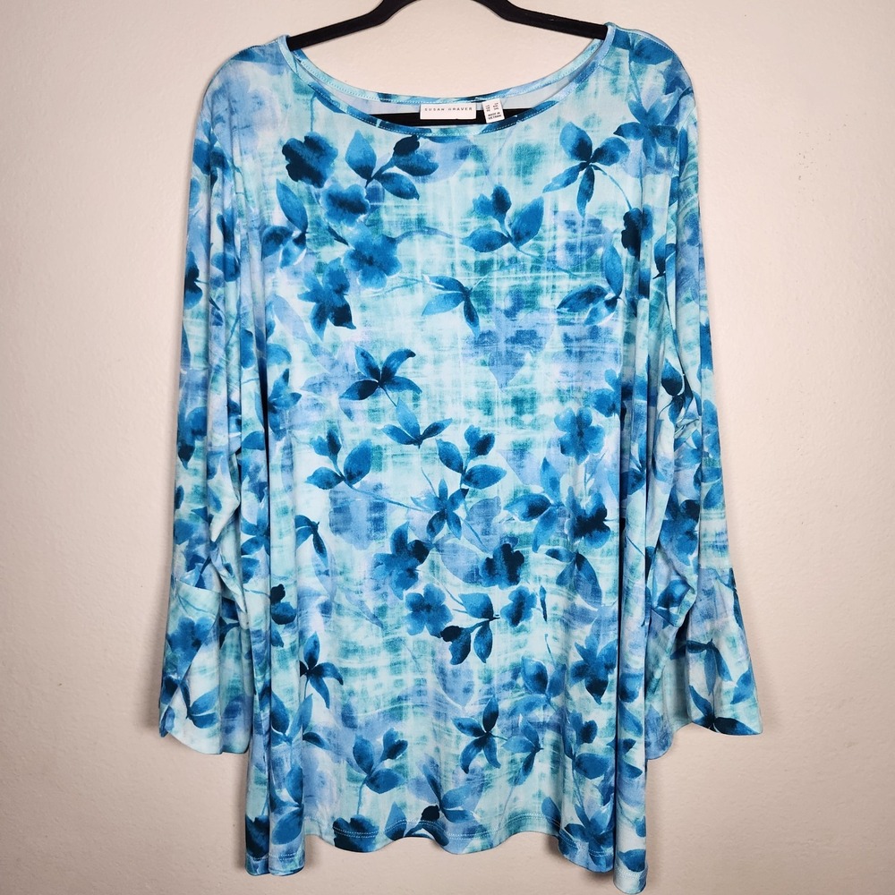 Susan Graver 3X Blue Watercolor Floral Top Boho Chic Artsy Flounce Bell Sleeve